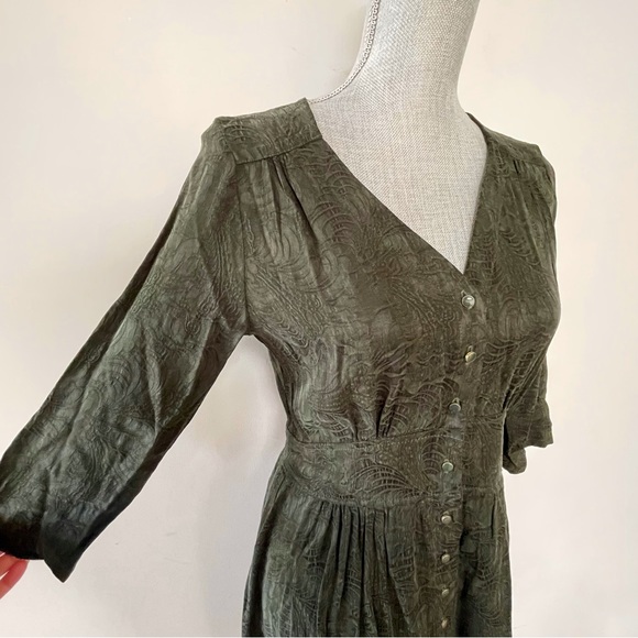 Louizon brocade dress olive dark green v neck button front vintage corset style - Picture 3 of 7